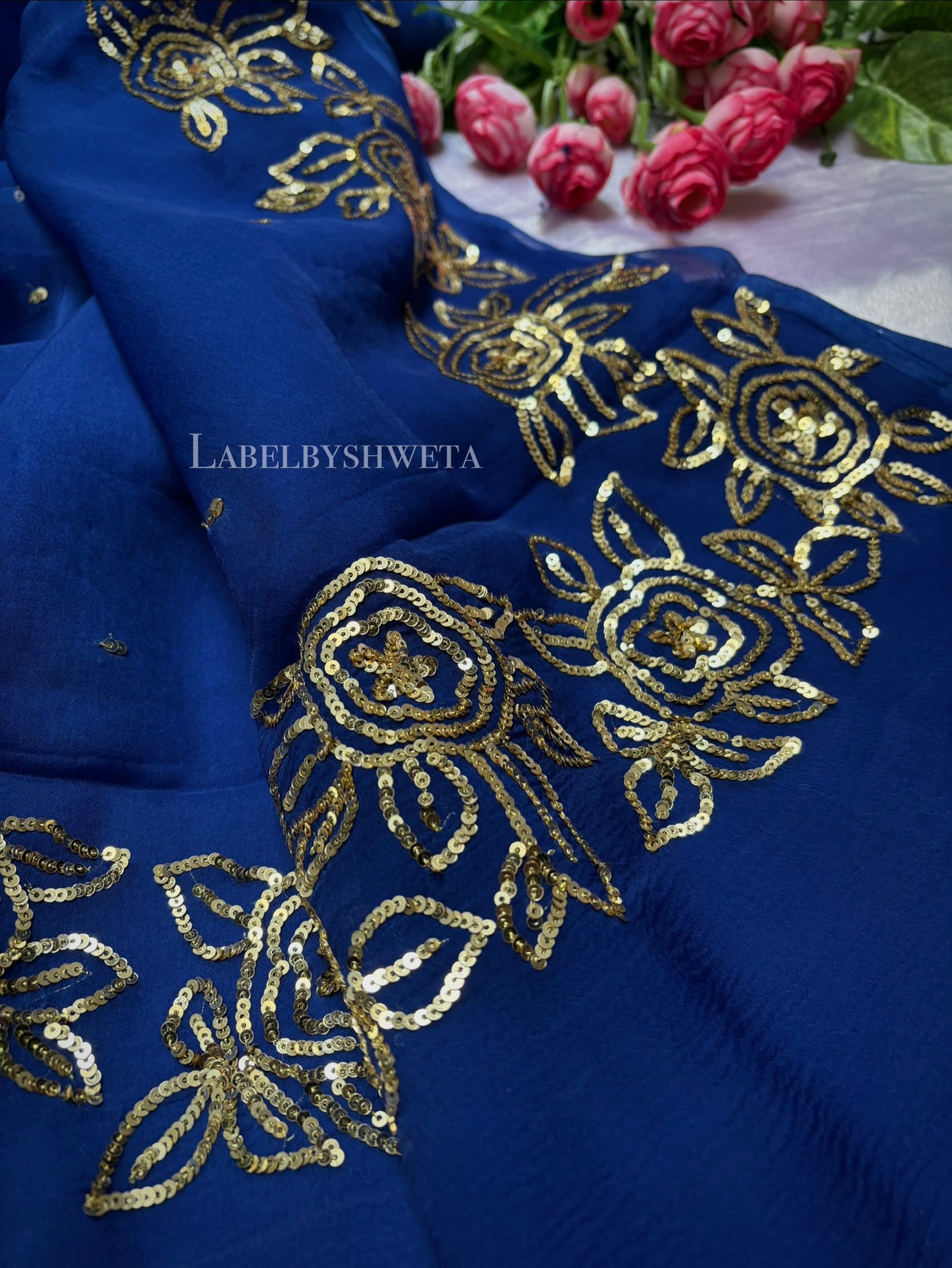 RUANAK — Royal Blue Handcrafted Sequin & Floral Border Chiffon Saree