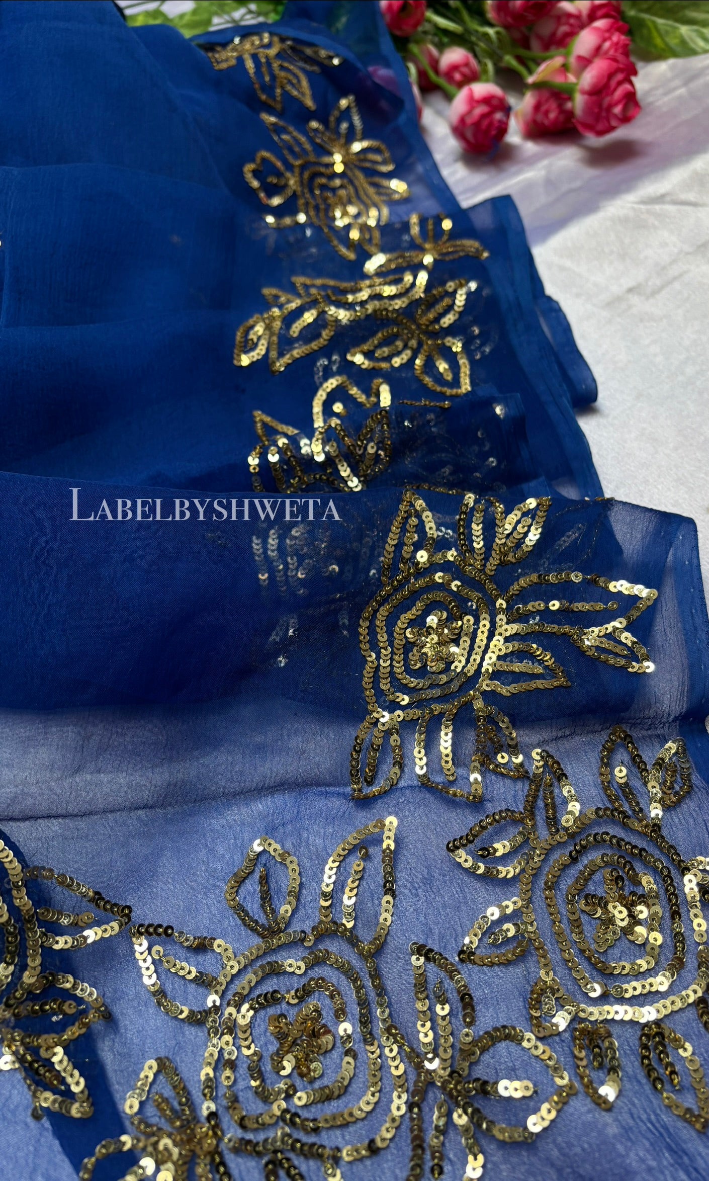 RUANAK — Royal Blue Handcrafted Sequin & Floral Border Chiffon Saree