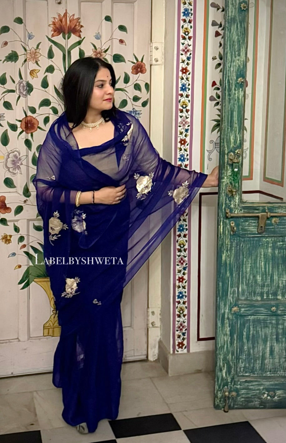 Royal blue shine Chiffon Handcrafted Floral Motif Saree