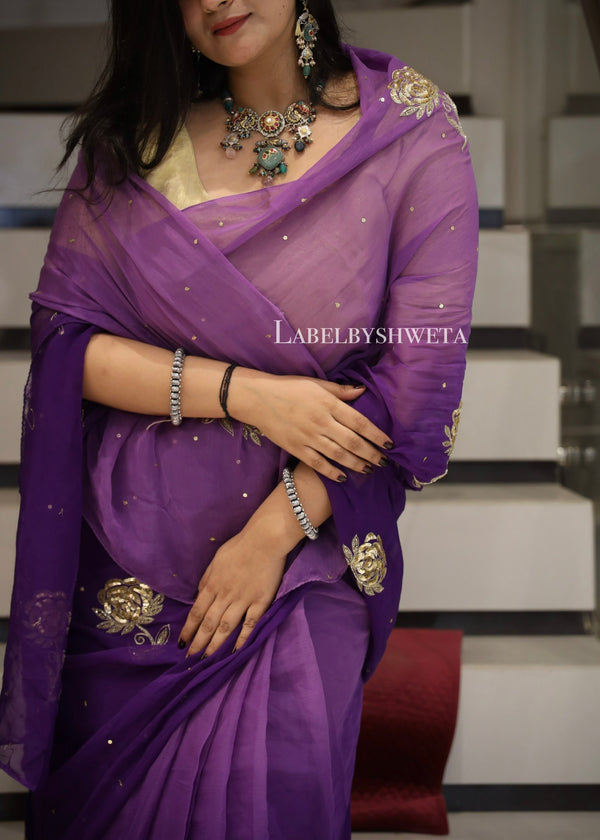 Purple Chiffon Handcrafted Floral Motif Saree