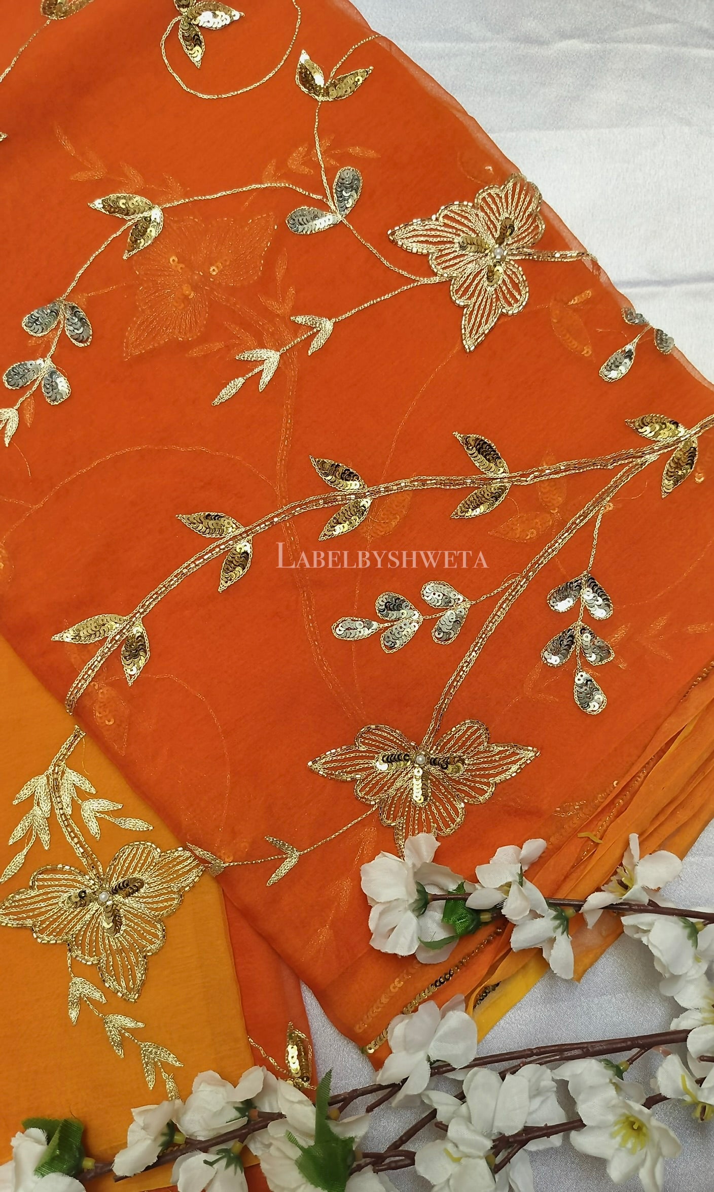 MANGALYA — Mango & Kesari Double-Shaded Cutwork Handcrafted Saree