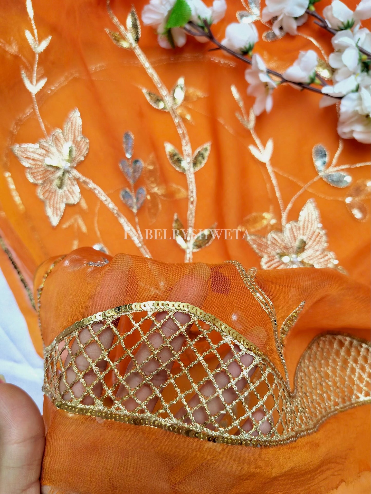 MANGALYA — Mango & Kesari Double-Shaded Cutwork Handcrafted Saree