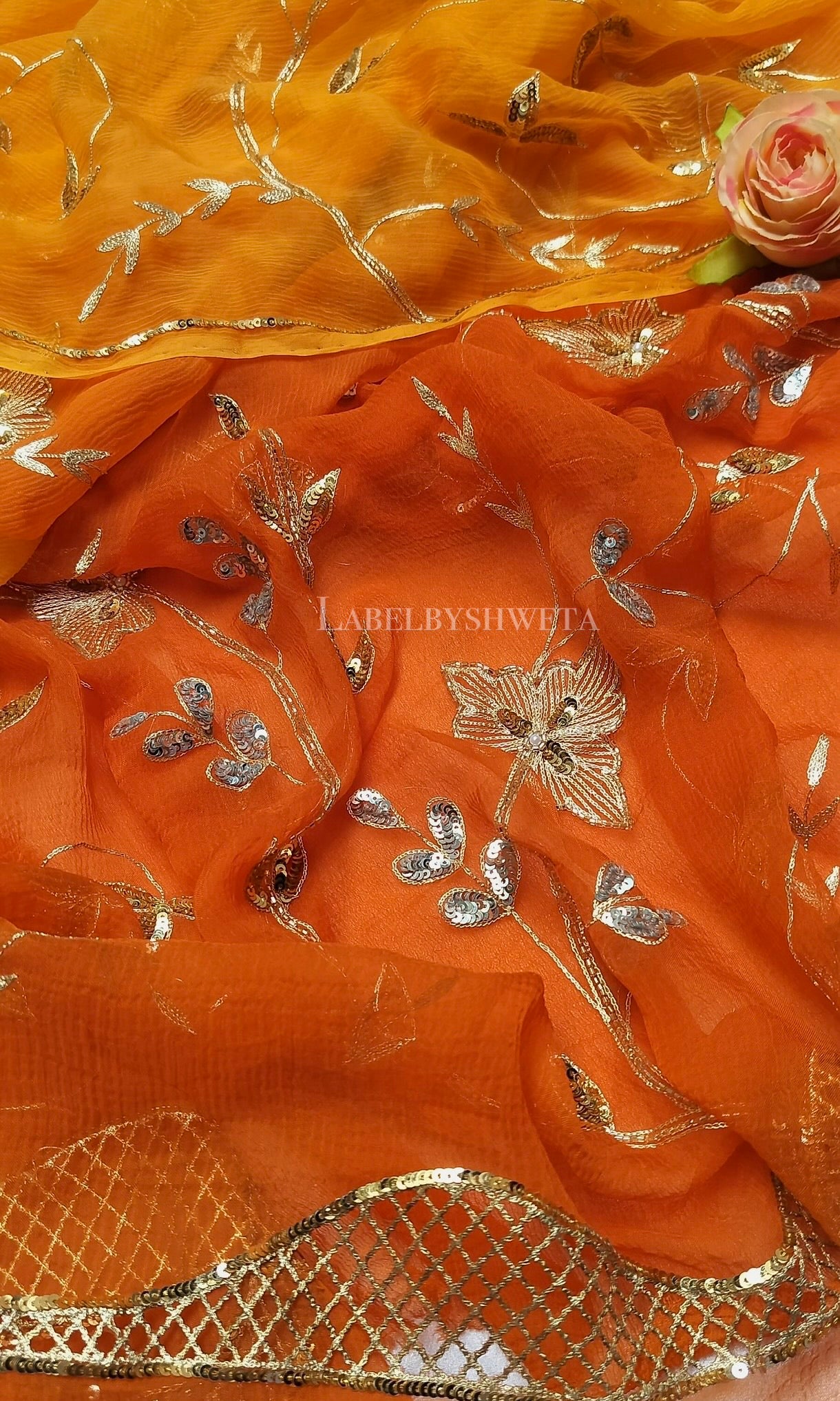 MANGALYA — Mango & Kesari Double-Shaded Cutwork Handcrafted Saree