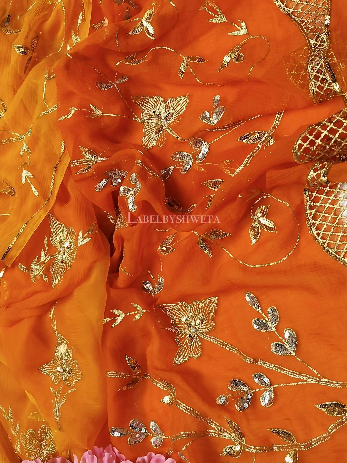 MANGALYA — Mango & Kesari Double-Shaded Cutwork Handcrafted Saree