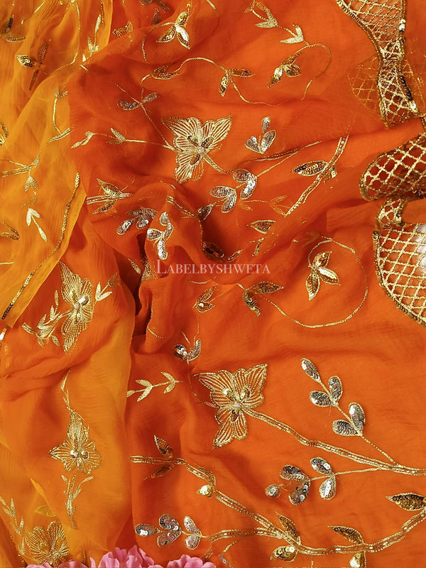 MANGALYA — Mango & Kesari Double-Shaded Cutwork Handcrafted Saree