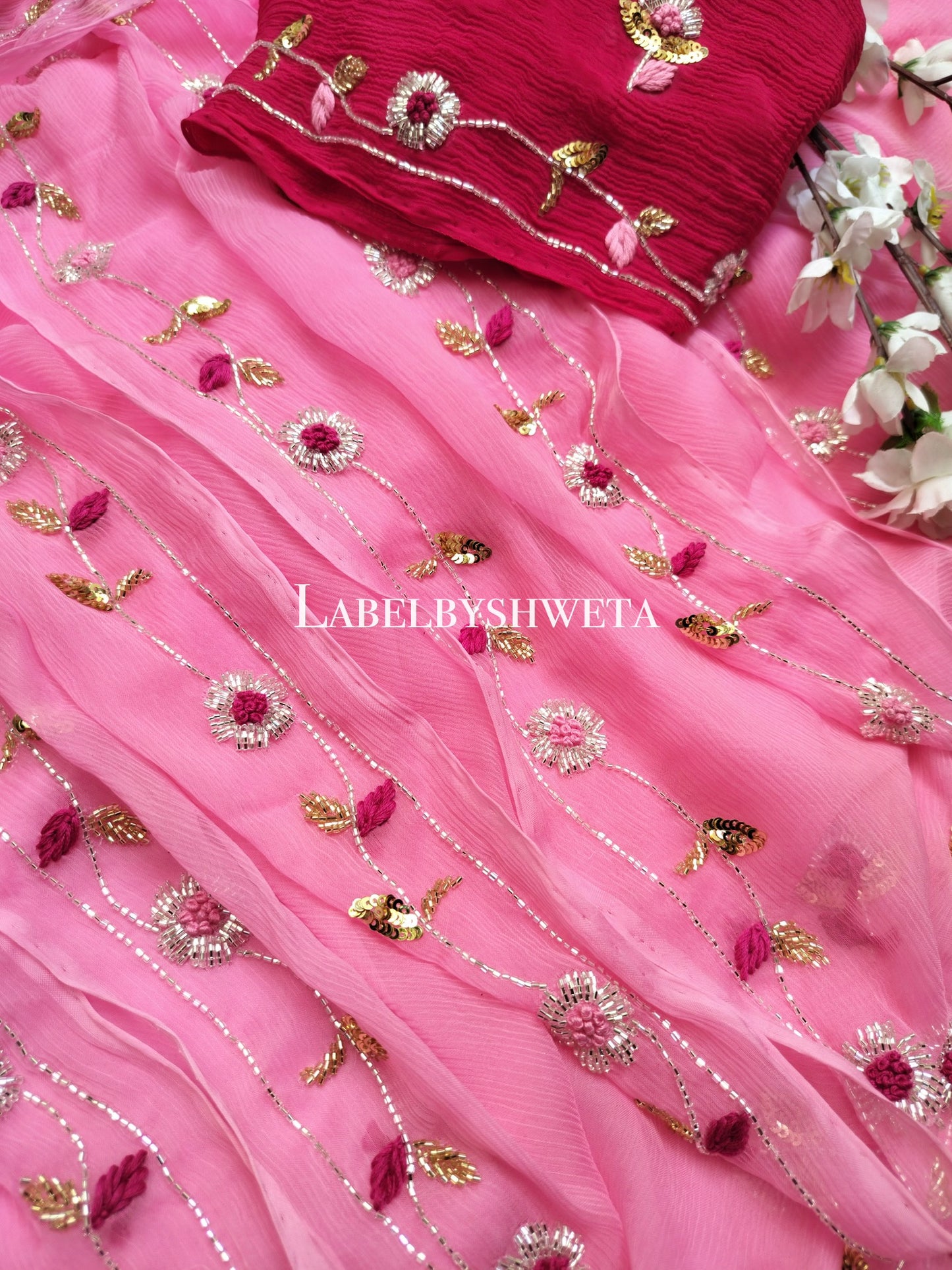 Pink diamond chiffon cutbeads and sequin thread work saree