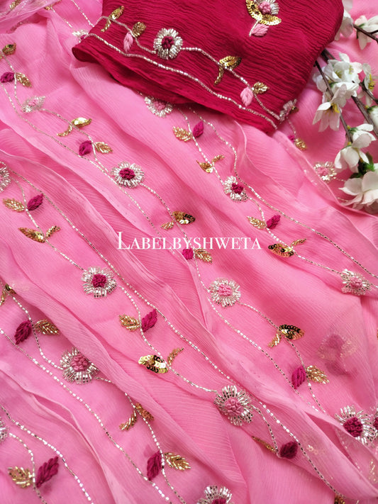 Pink diamond chiffon cutbeads and sequin thread work saree