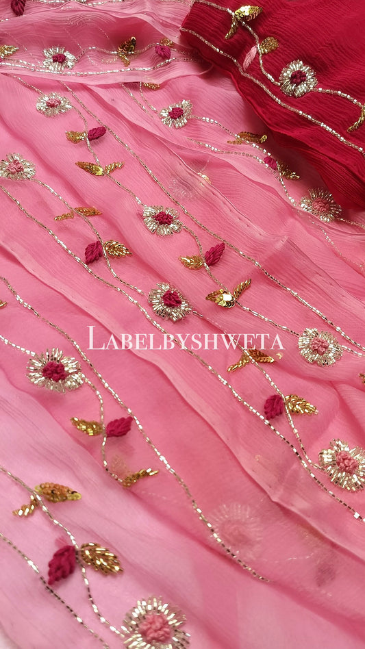 Pink diamond chiffon cutbeads and sequin thread work saree