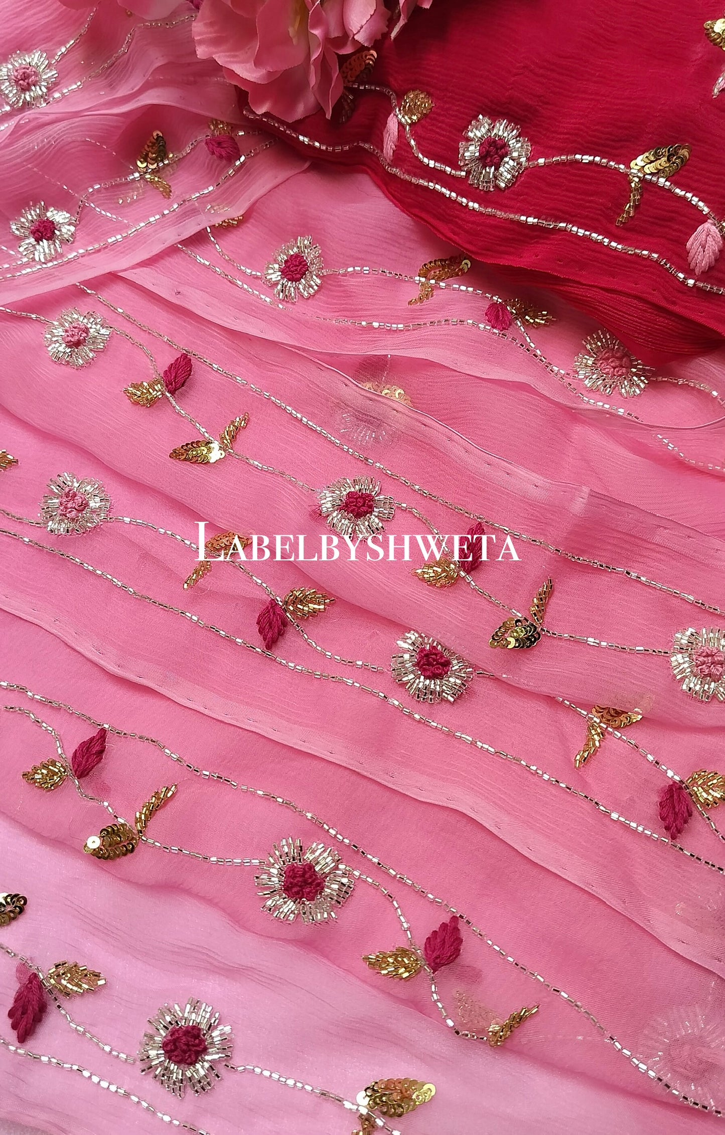 Pink diamond chiffon cutbeads and sequin thread work saree