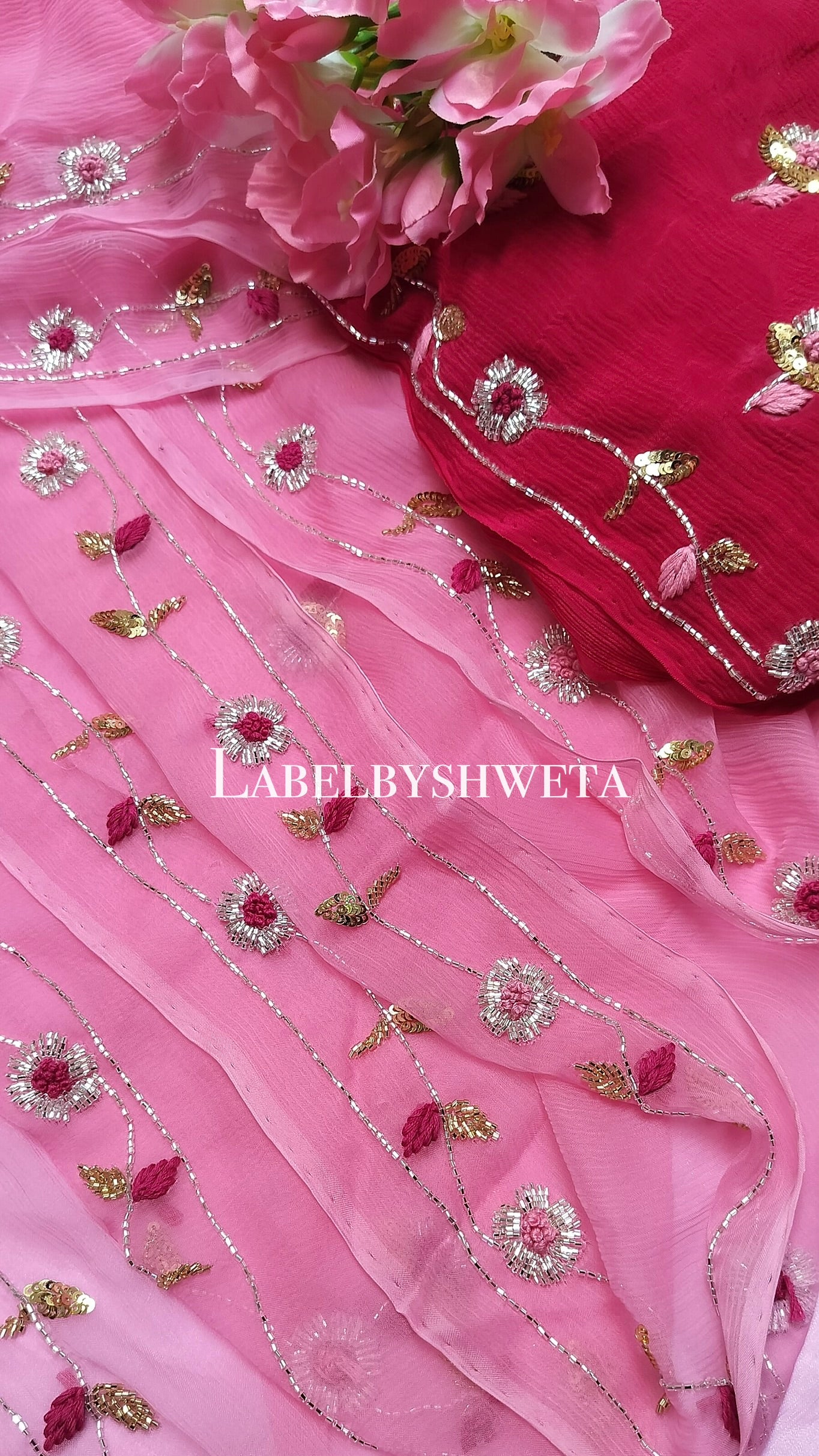 Pink diamond chiffon cutbeads and sequin thread work saree
