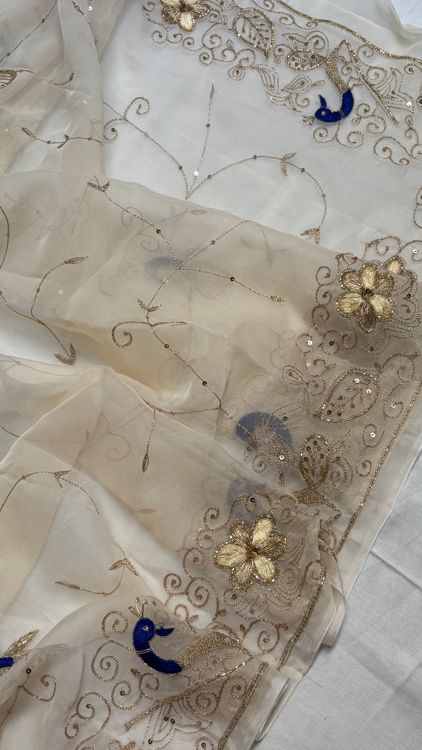 Double diamond chiffon peacock jaal work saree