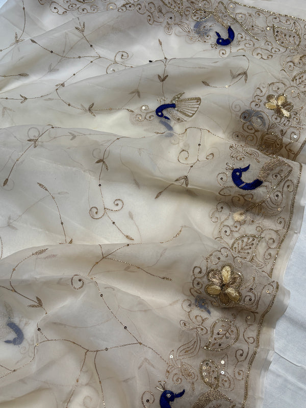 Double diamond chiffon peacock jaal work saree