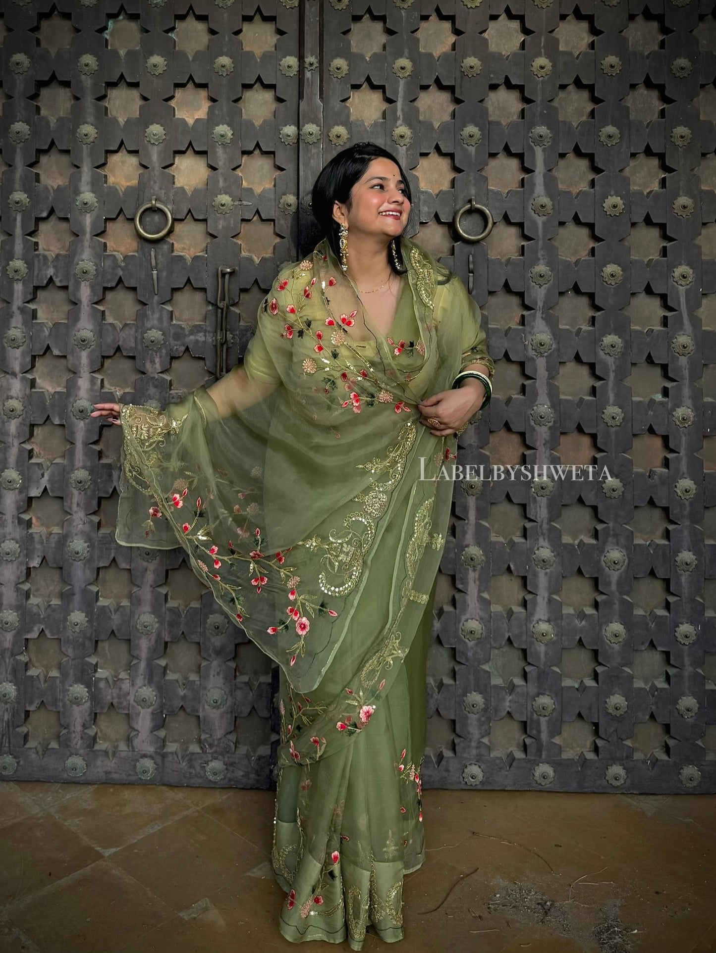 Mehndi Green Pure Organza Silk Saree with Hand Embroidered Zari, Cut Bead &amp; Resham Thread Work