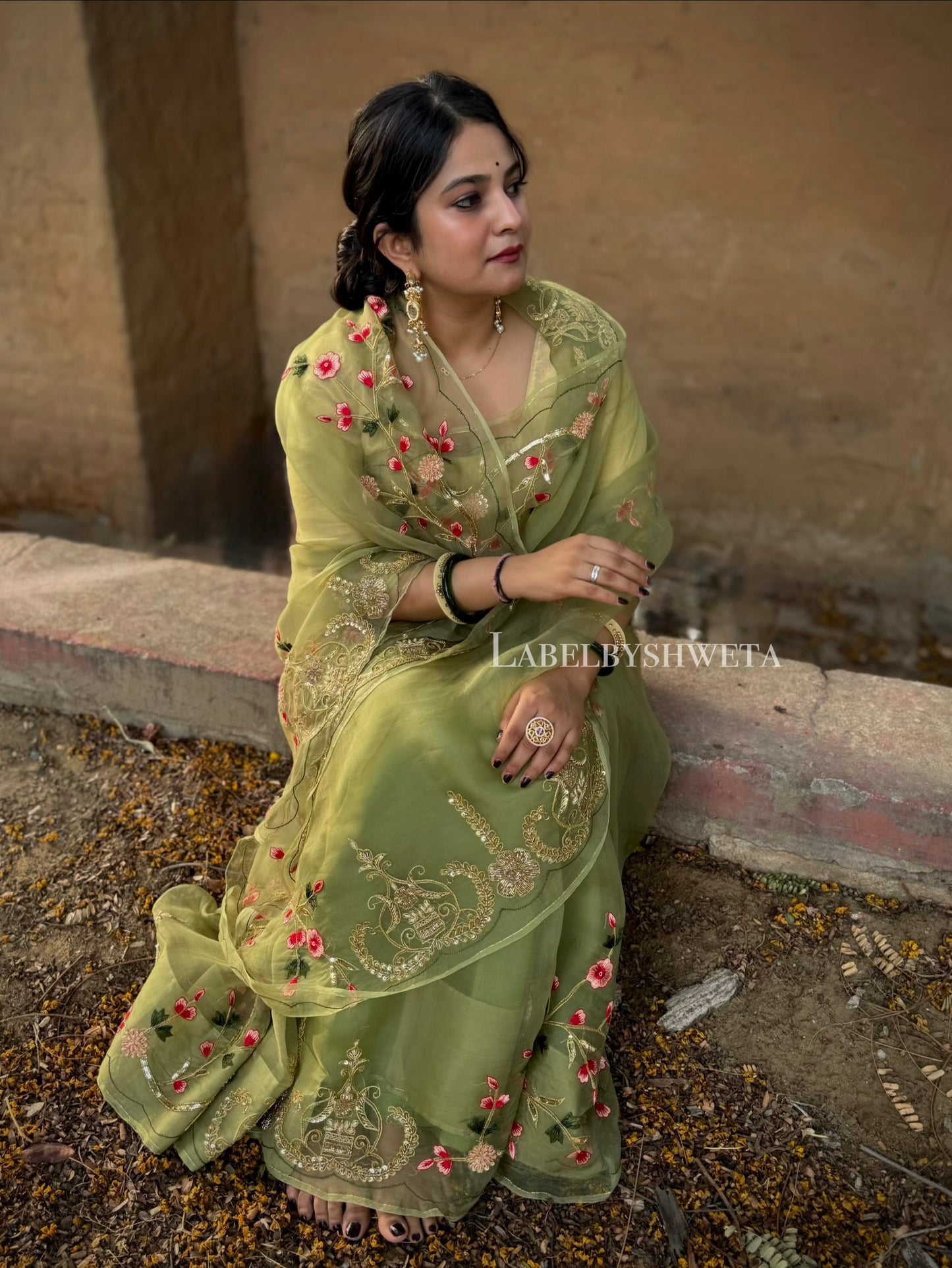 Mehndi Green Pure Organza Silk Saree with Hand Embroidered Zari, Cut Bead &amp; Resham Thread Work