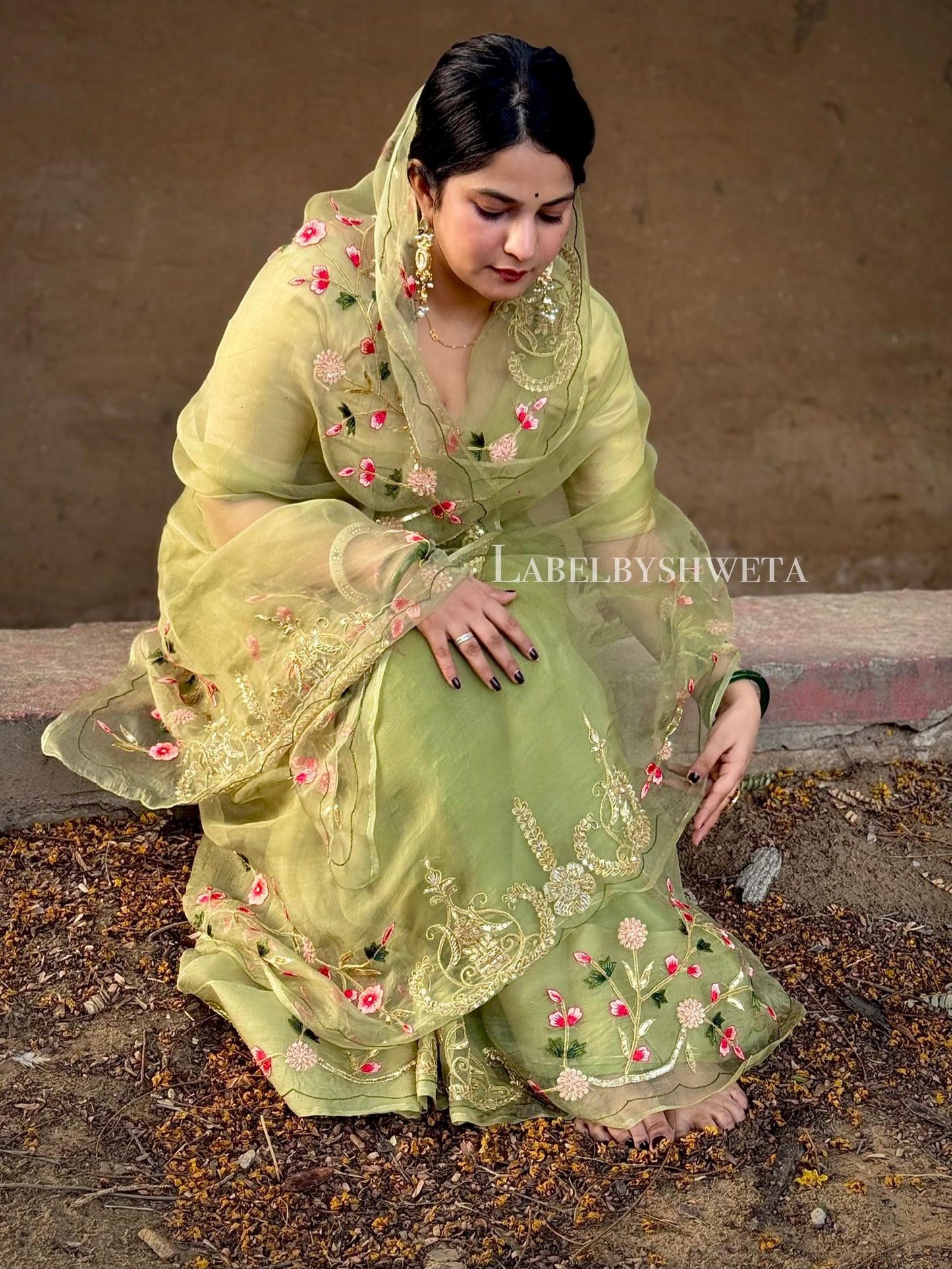 Mehndi Green Pure Organza Silk Saree with Hand Embroidered Zari, Cut Bead &amp; Resham Thread Work