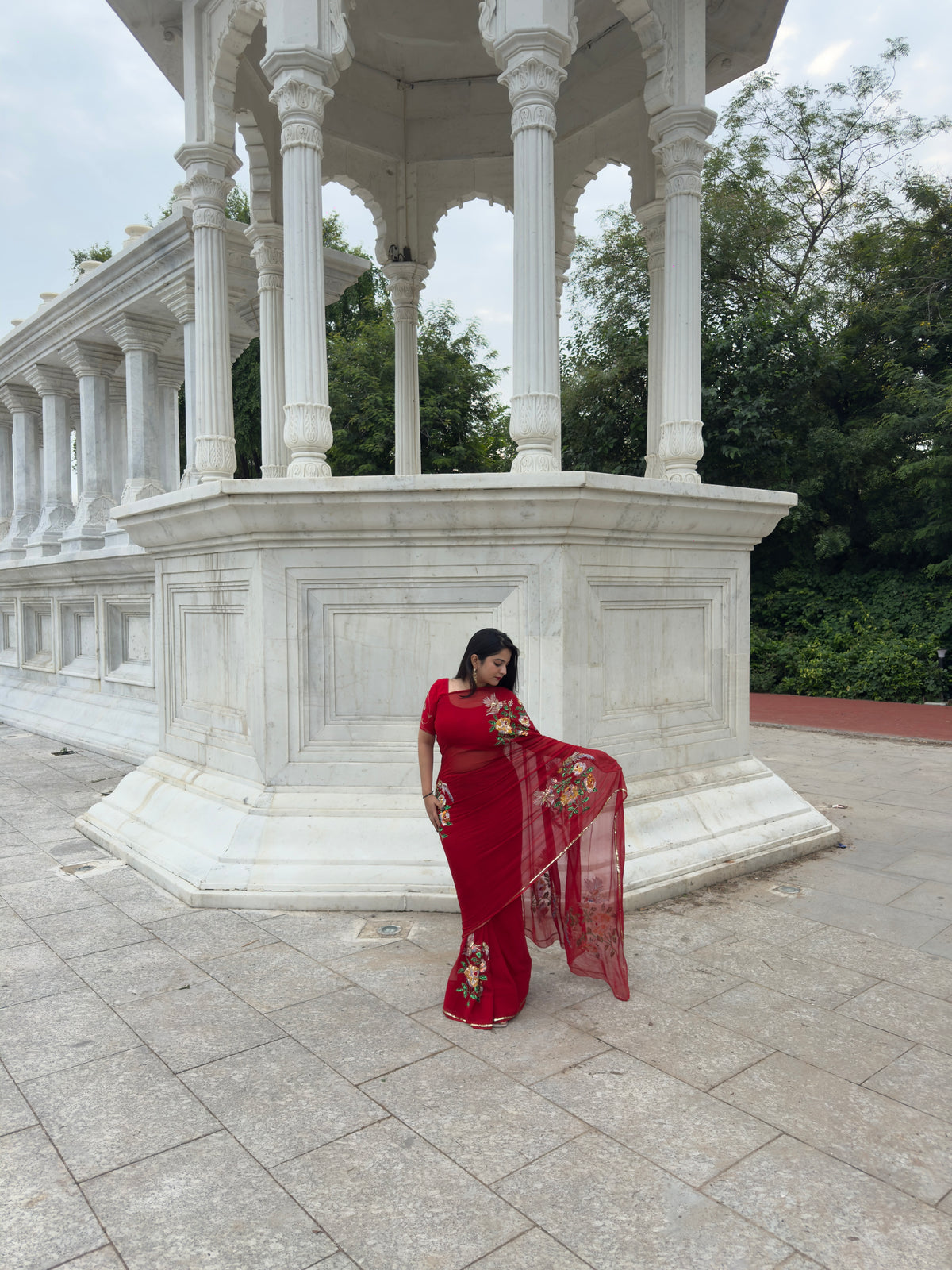 ARUNIMA — Red Hand-Embroidered Platinum Chiffon Saree