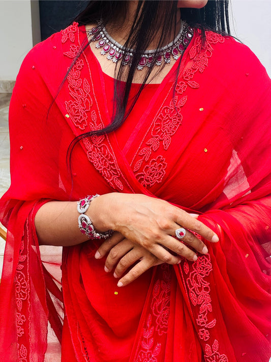 Red Chiffon Pearl Work valentine saree