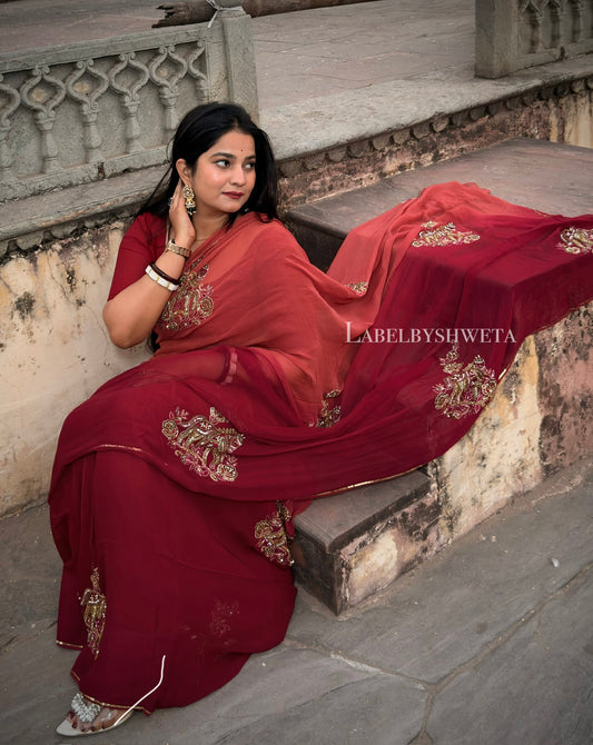 Royal Peach Berry Ombre Platinum Chiffon Saree