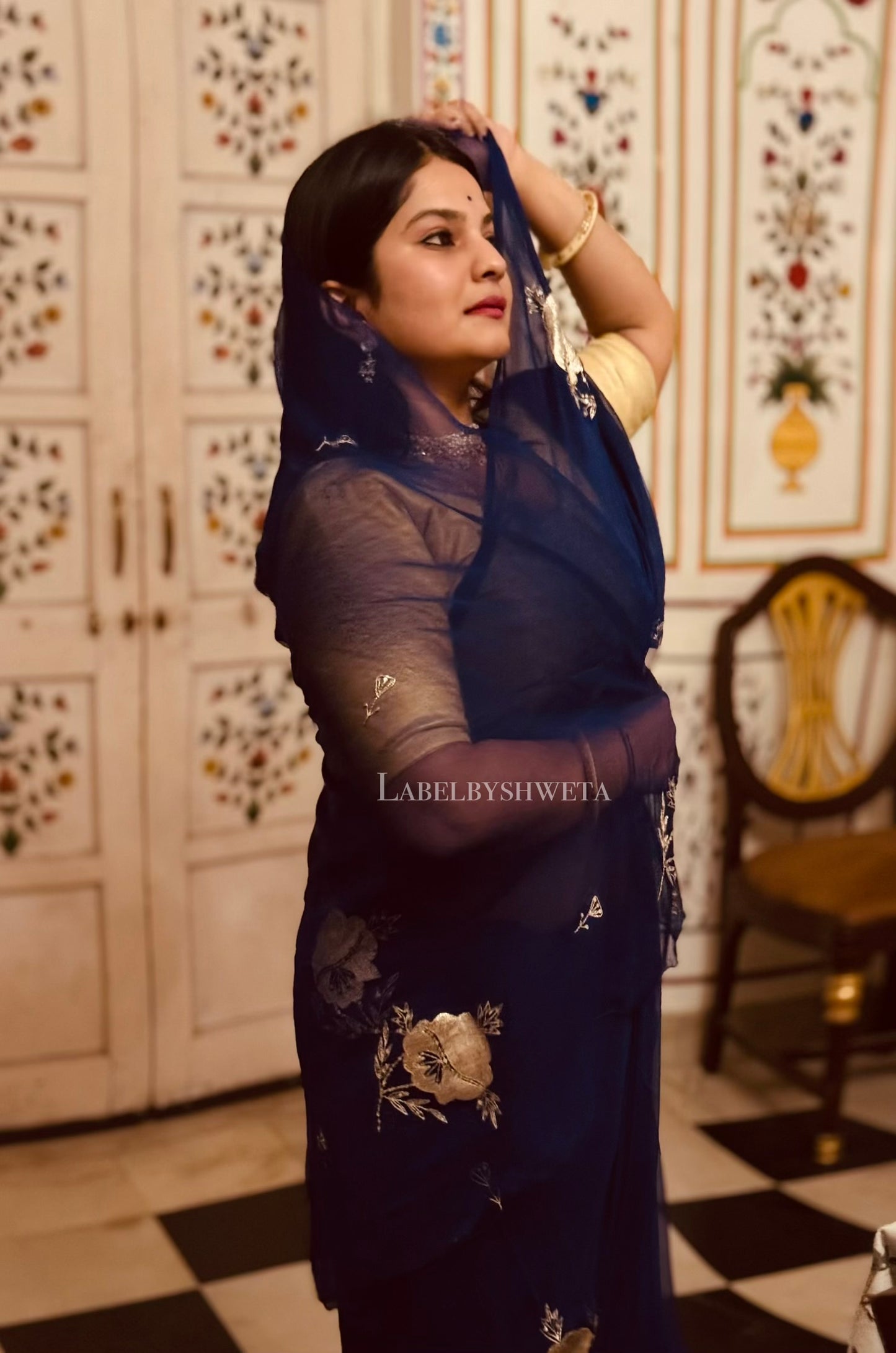 Royal blue shine Chiffon Handcrafted Floral Motif Saree
