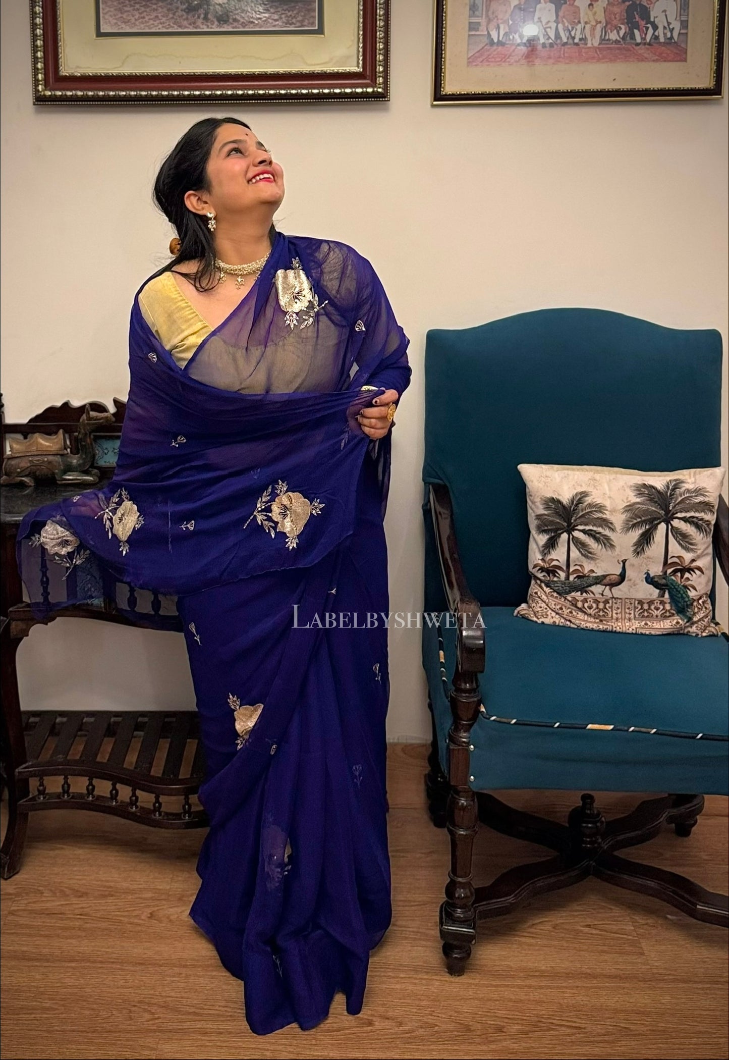 Royal blue shine Chiffon Handcrafted Floral Motif Saree