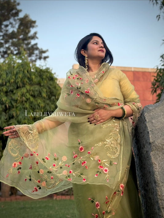 Mehndi Green Pure Organza Silk Saree with Hand Embroidered Zari, Cut Bead &amp; Resham Thread Work