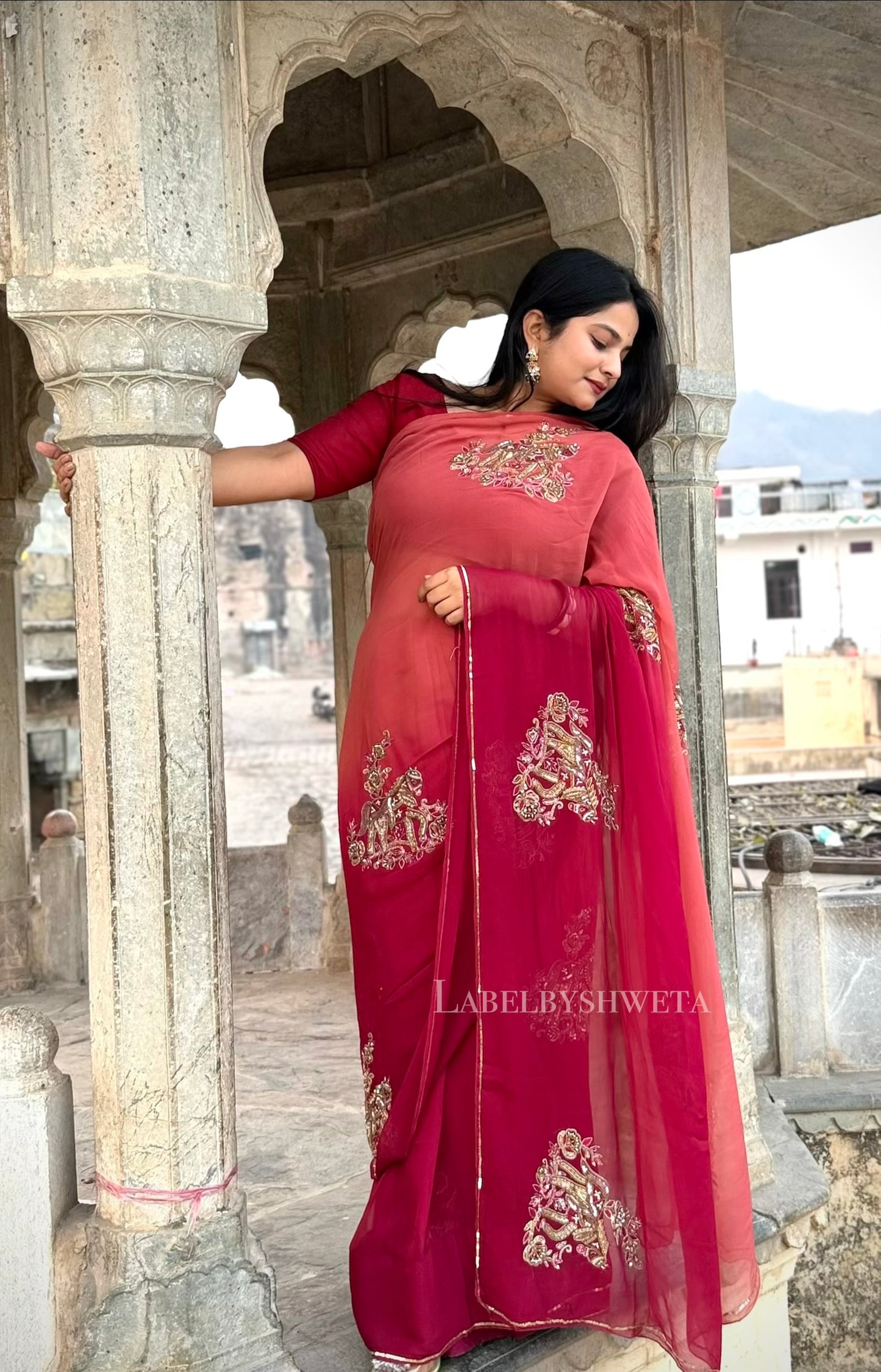 Royal Peach Berry Ombre Platinum Chiffon Saree