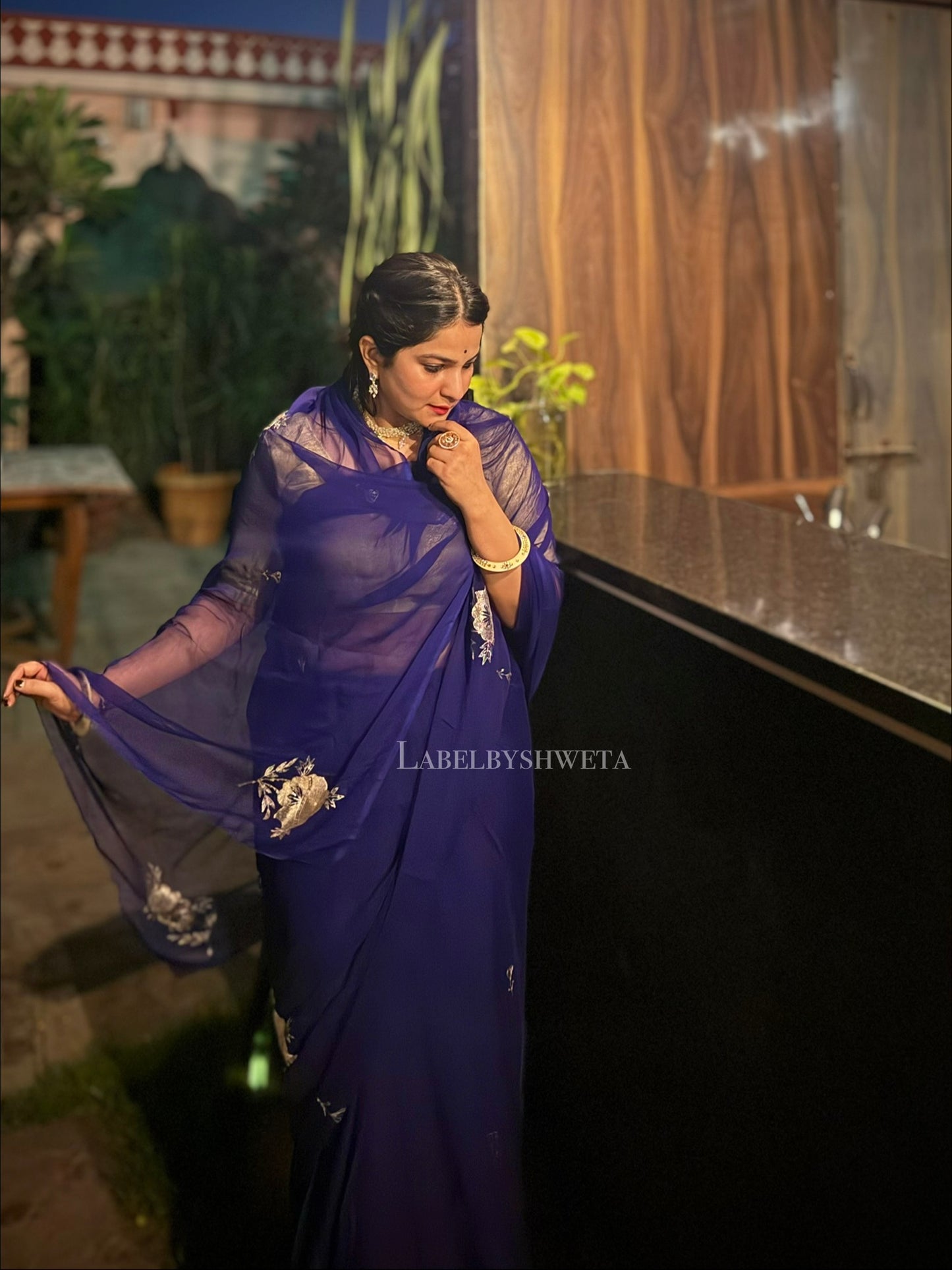 Royal blue shine Chiffon Handcrafted Floral Motif Saree