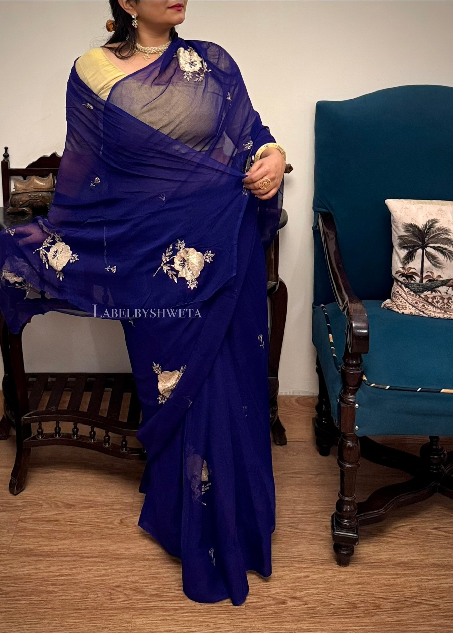 Royal blue shine Chiffon Handcrafted Floral Motif Saree
