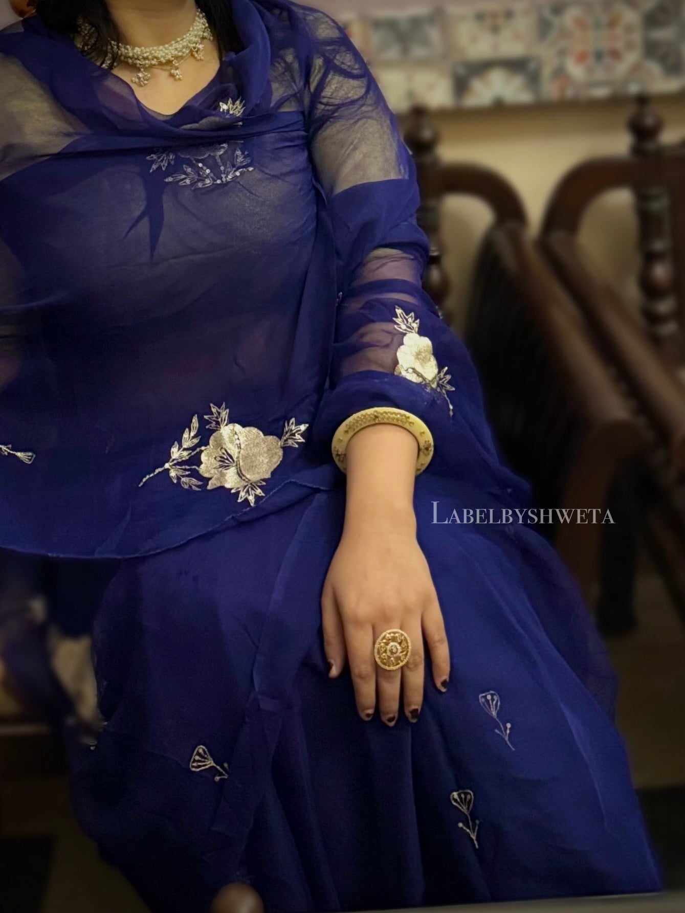 Royal blue shine Chiffon Handcrafted Floral Motif Saree