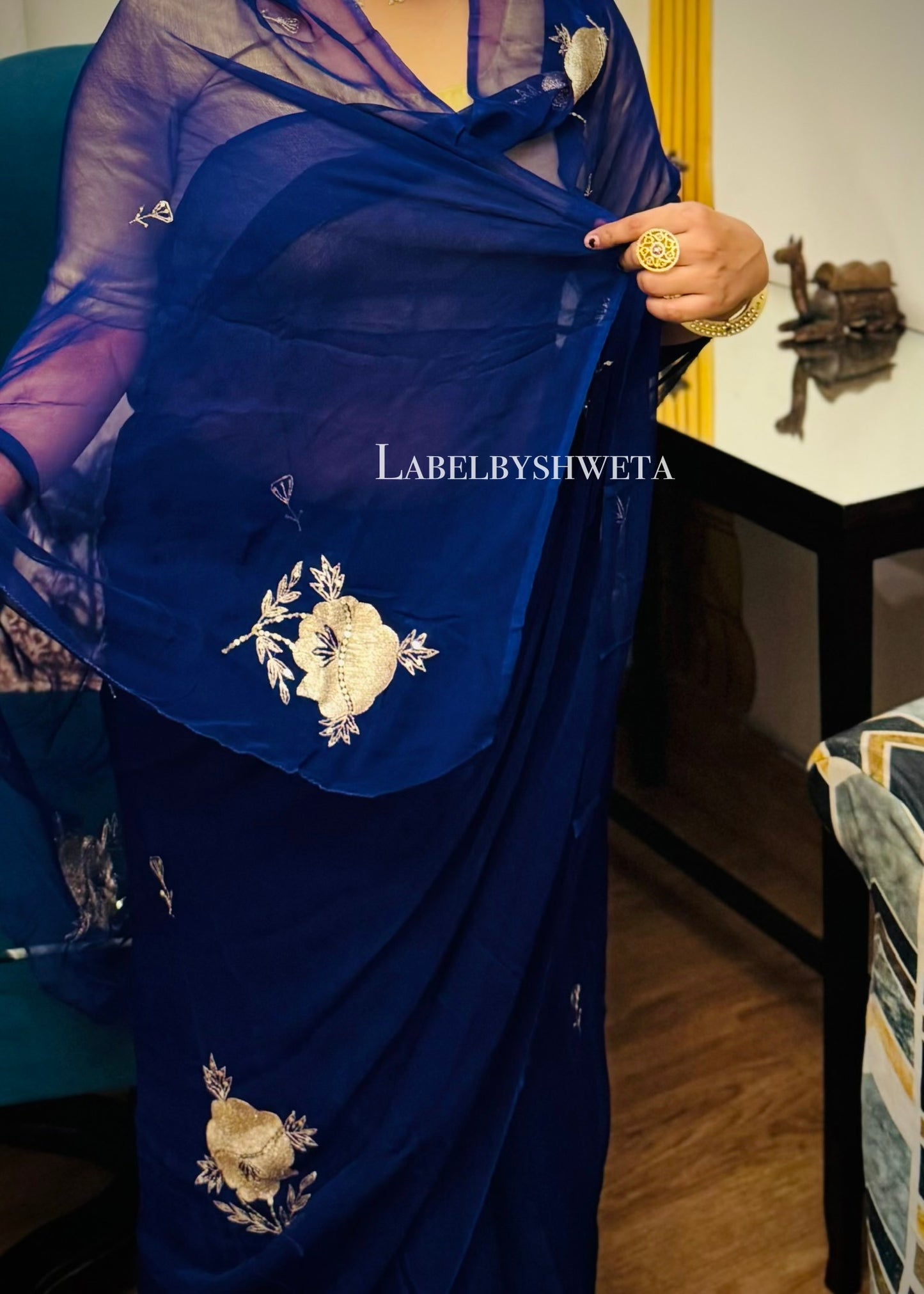 Royal blue shine Chiffon Handcrafted Floral Motif Saree