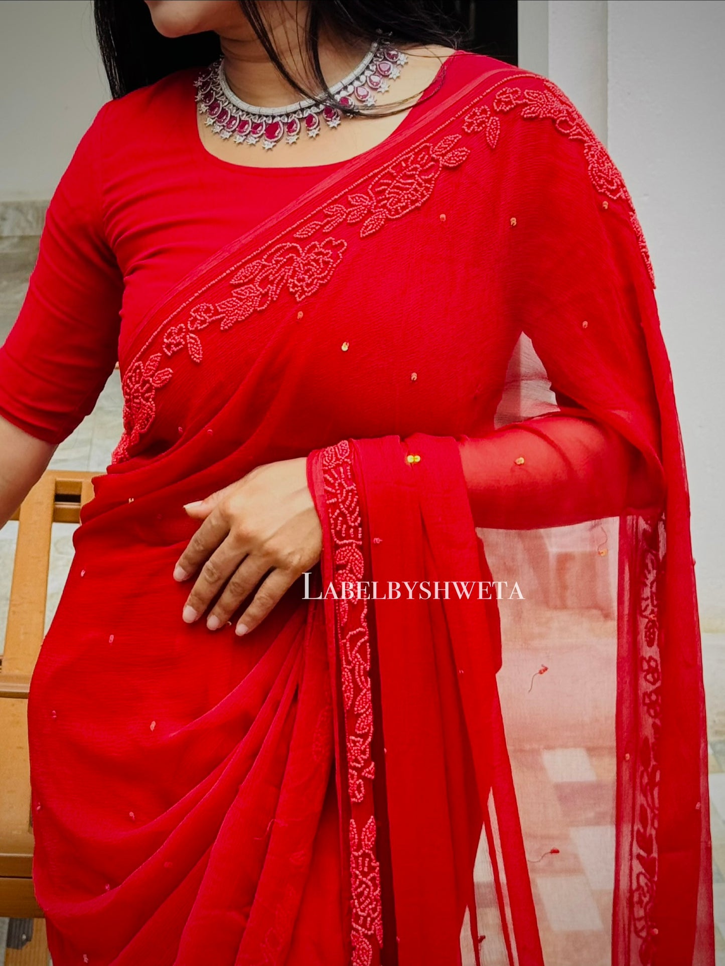 Red Chiffon Pearl Work valentine saree