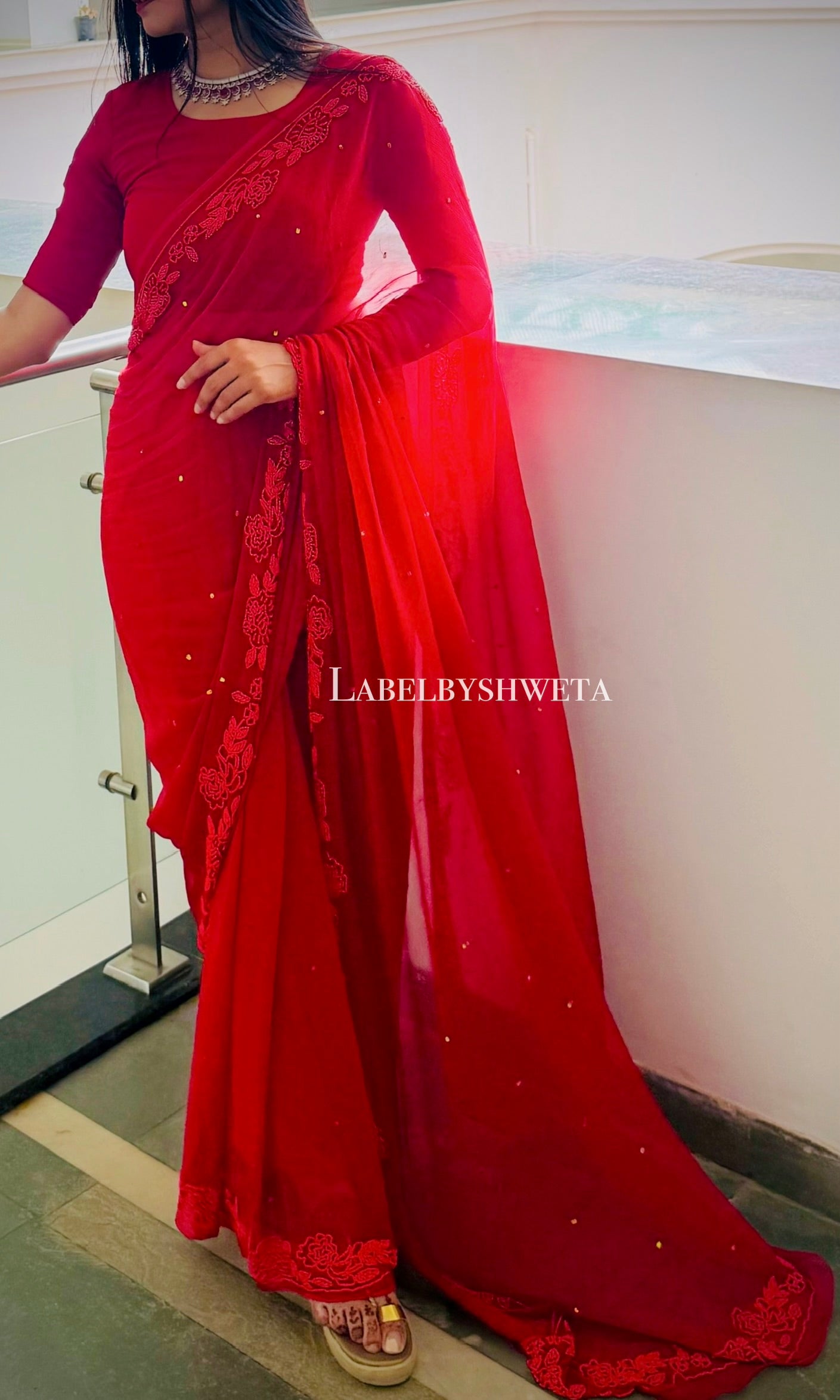 Red Chiffon Pearl Work valentine saree