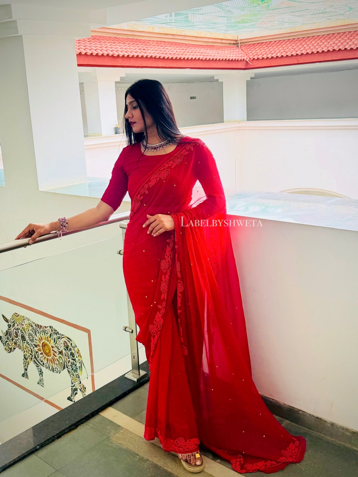 ABHAA — Red Single Diamond Chiffon Handcrafted Saree