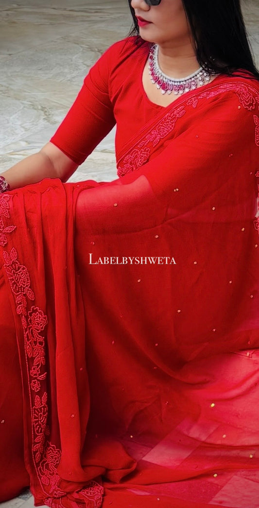 Red Chiffon Pearl Work valentine saree