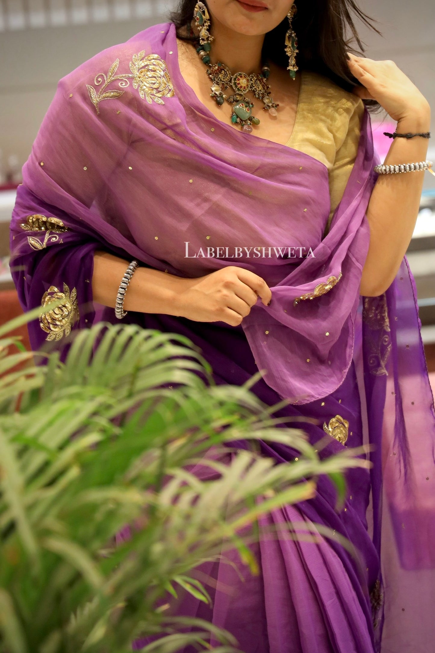 Purple Chiffon Handcrafted Floral Motif Saree
