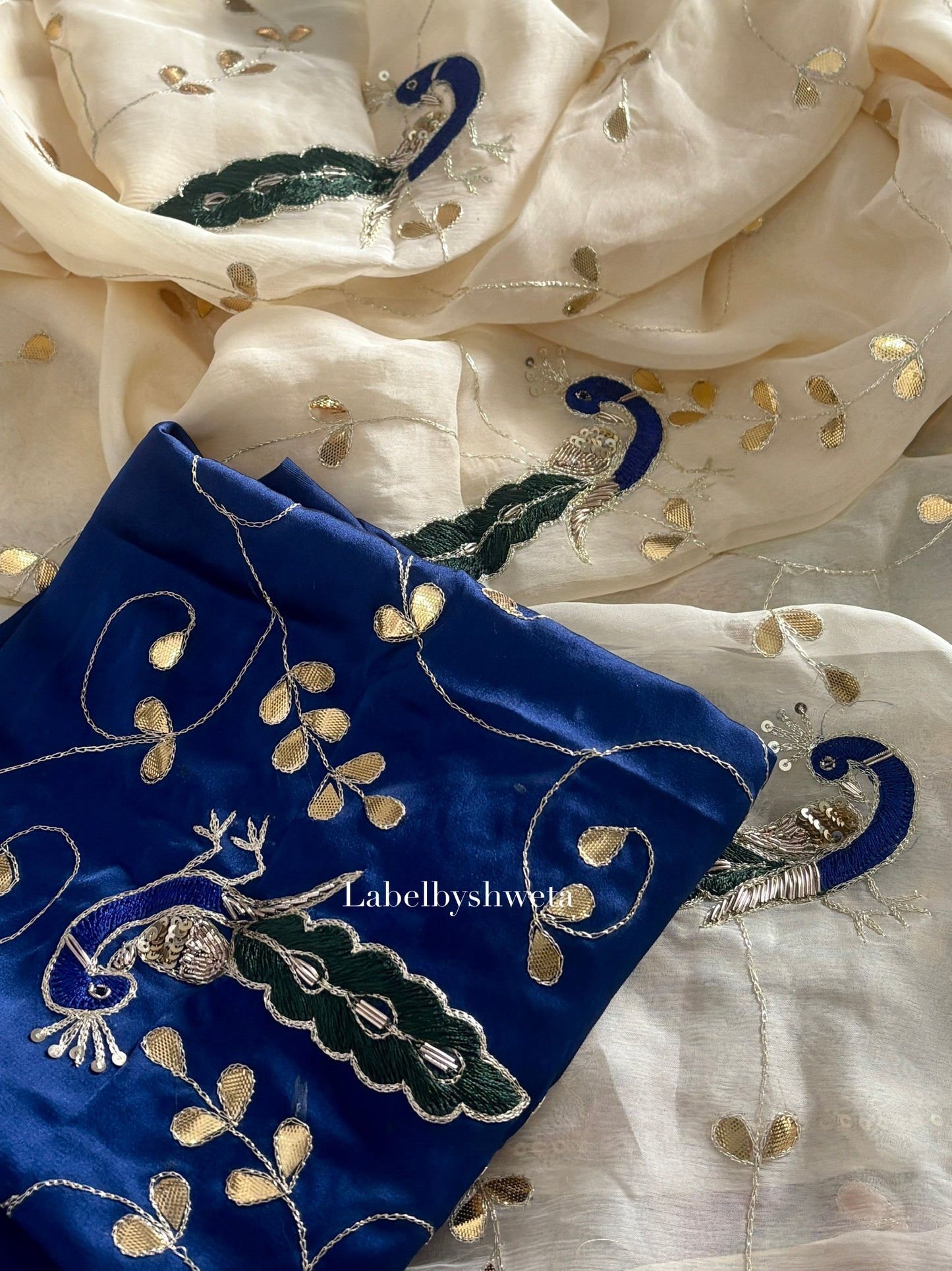 MAYURANG — Ivory Single Diamond Chiffon Gota Patti Peacock Jaal Handcrafted Saree