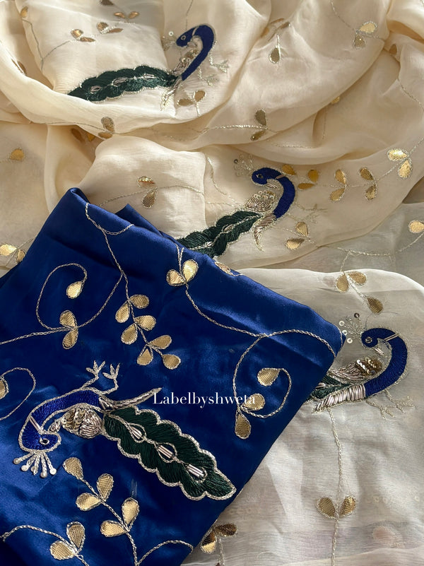 MAYURANG — Ivory Single Diamond Chiffon Gota Patti Peacock Jaal Handcrafted Saree