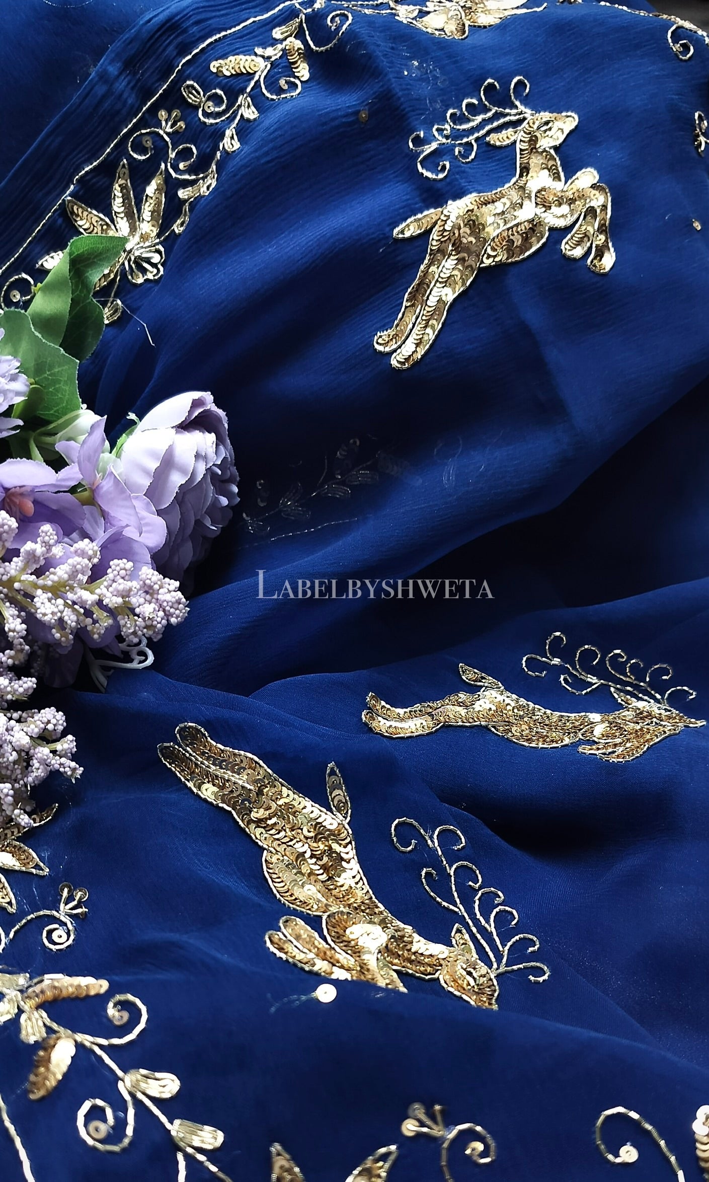 HIRAN VATIKA — Royal Blue Handcrafted Zardozi & Sequin Chiffon Saree