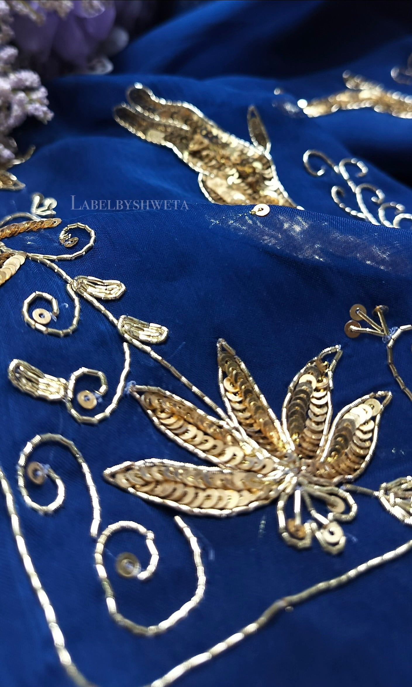 HIRAN VATIKA — Royal Blue Handcrafted Zardozi & Sequin Chiffon Saree