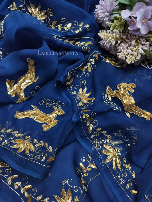 HIRAN VATIKA — Royal Blue Handcrafted Zardozi & Sequin Chiffon Saree