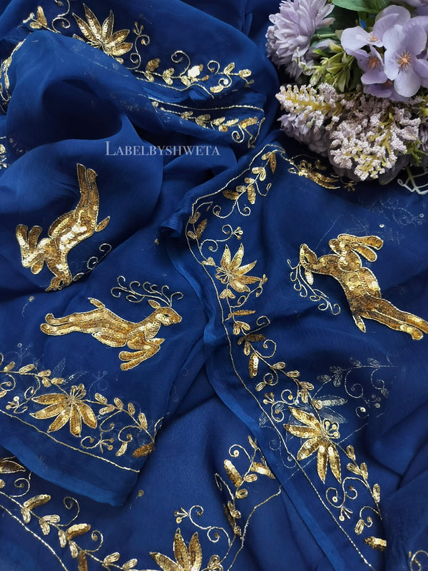 HIRAN VATIKA — Royal Blue Handcrafted Zardozi & Sequin Chiffon Saree