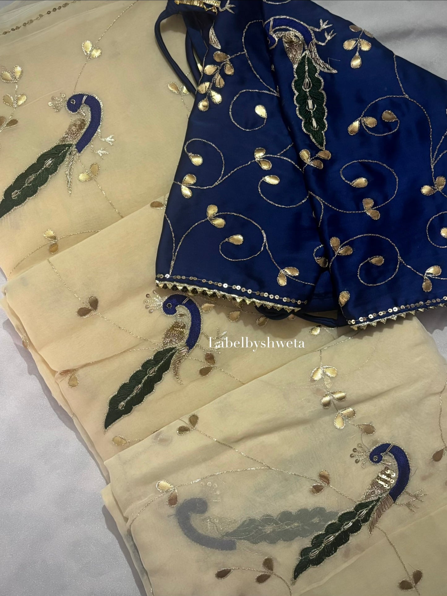 MAYURANG — Ivory Single Diamond Chiffon Gota Patti Peacock Jaal Handcrafted Saree