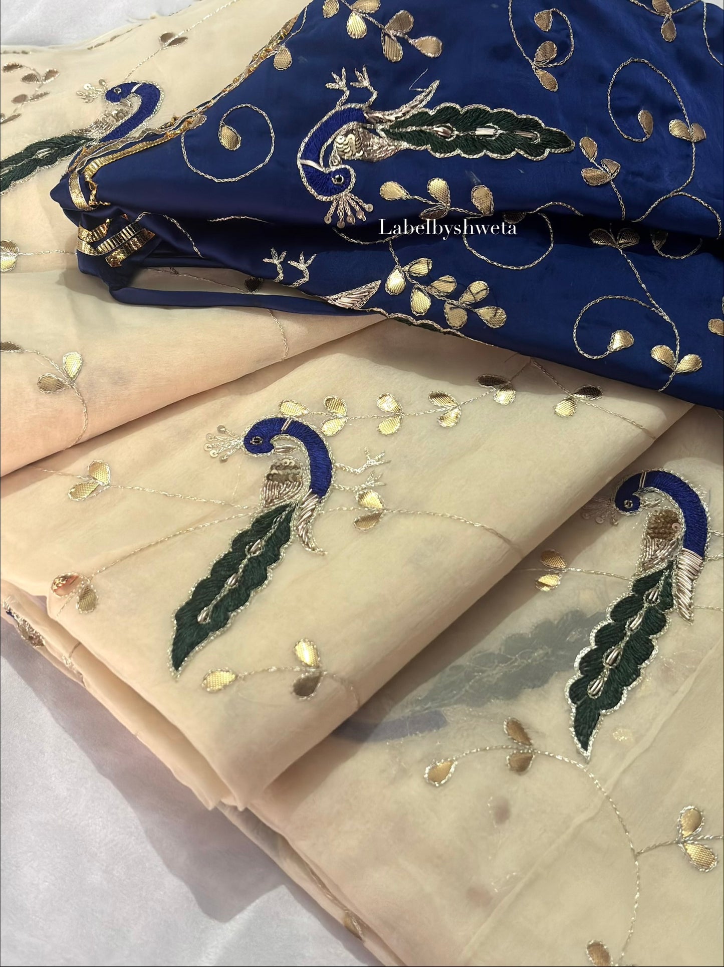 MAYURANG — Ivory Single Diamond Chiffon Gota Patti Peacock Jaal Handcrafted Saree