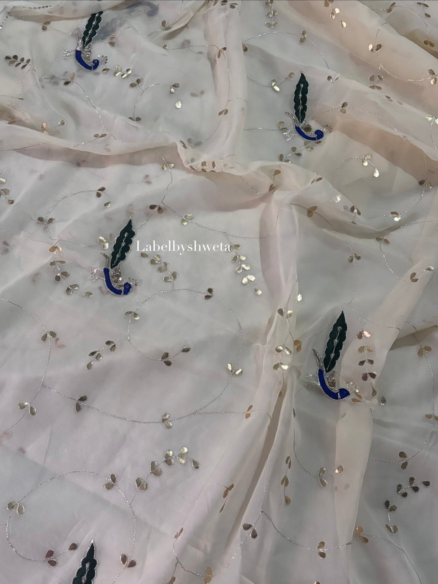 MAYURANG — Ivory Single Diamond Chiffon Gota Patti Peacock Jaal Handcrafted Saree