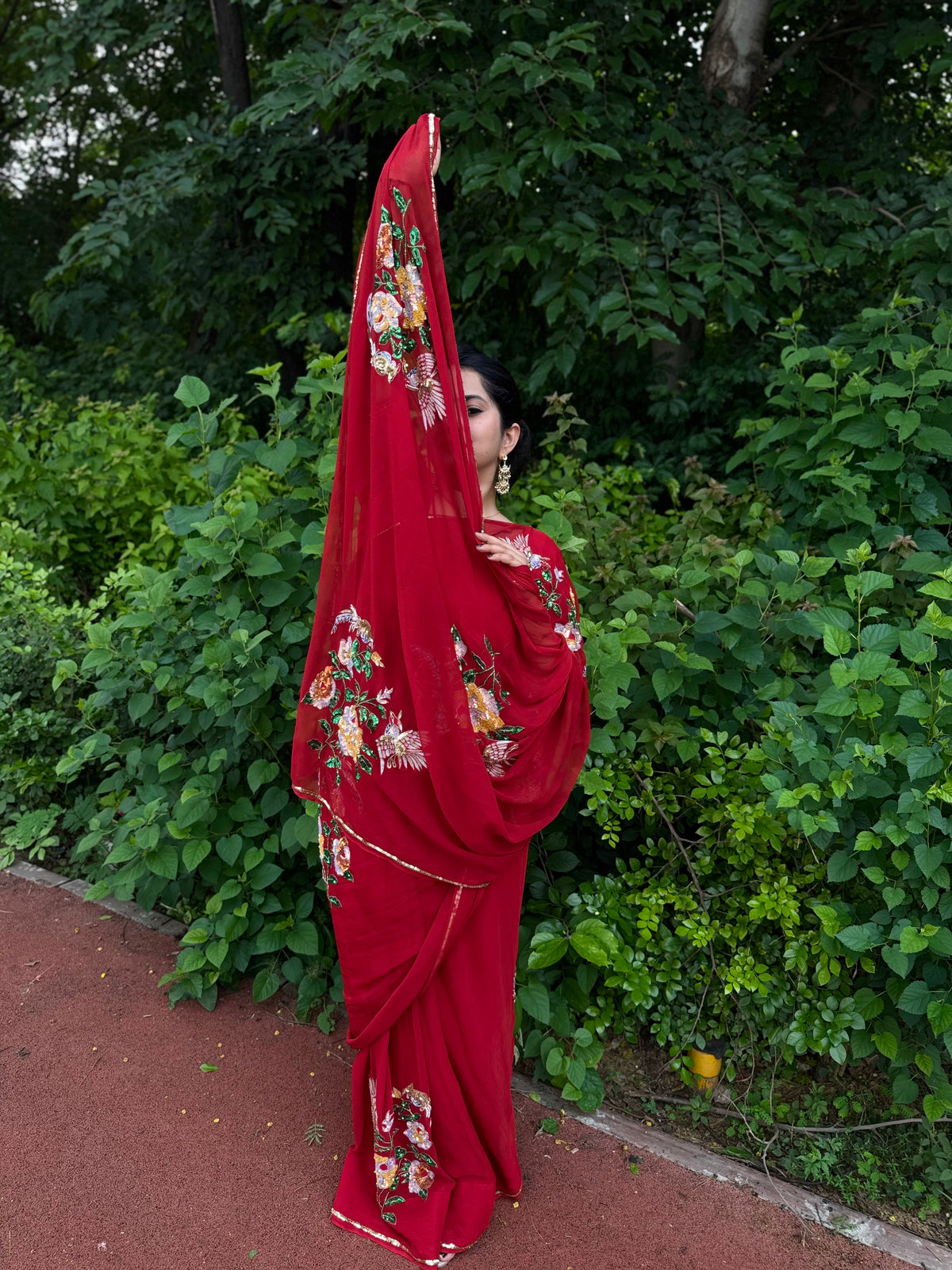 ARUNIMA — Red Hand-Embroidered Platinum Chiffon Saree