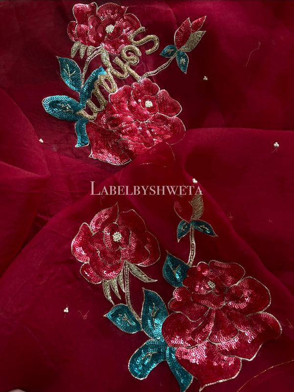 Maroon organza silk sequins and cutbeads embellished PERSONALISED name saree