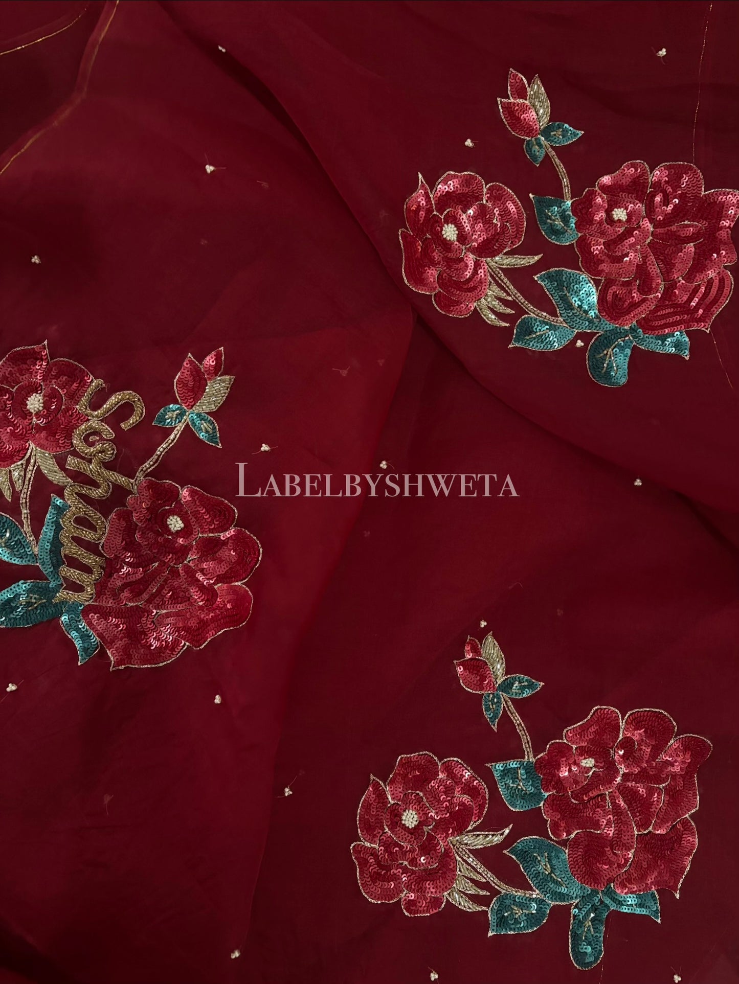 Maroon organza silk sequins and cutbeads embellished PERSONALISED name saree