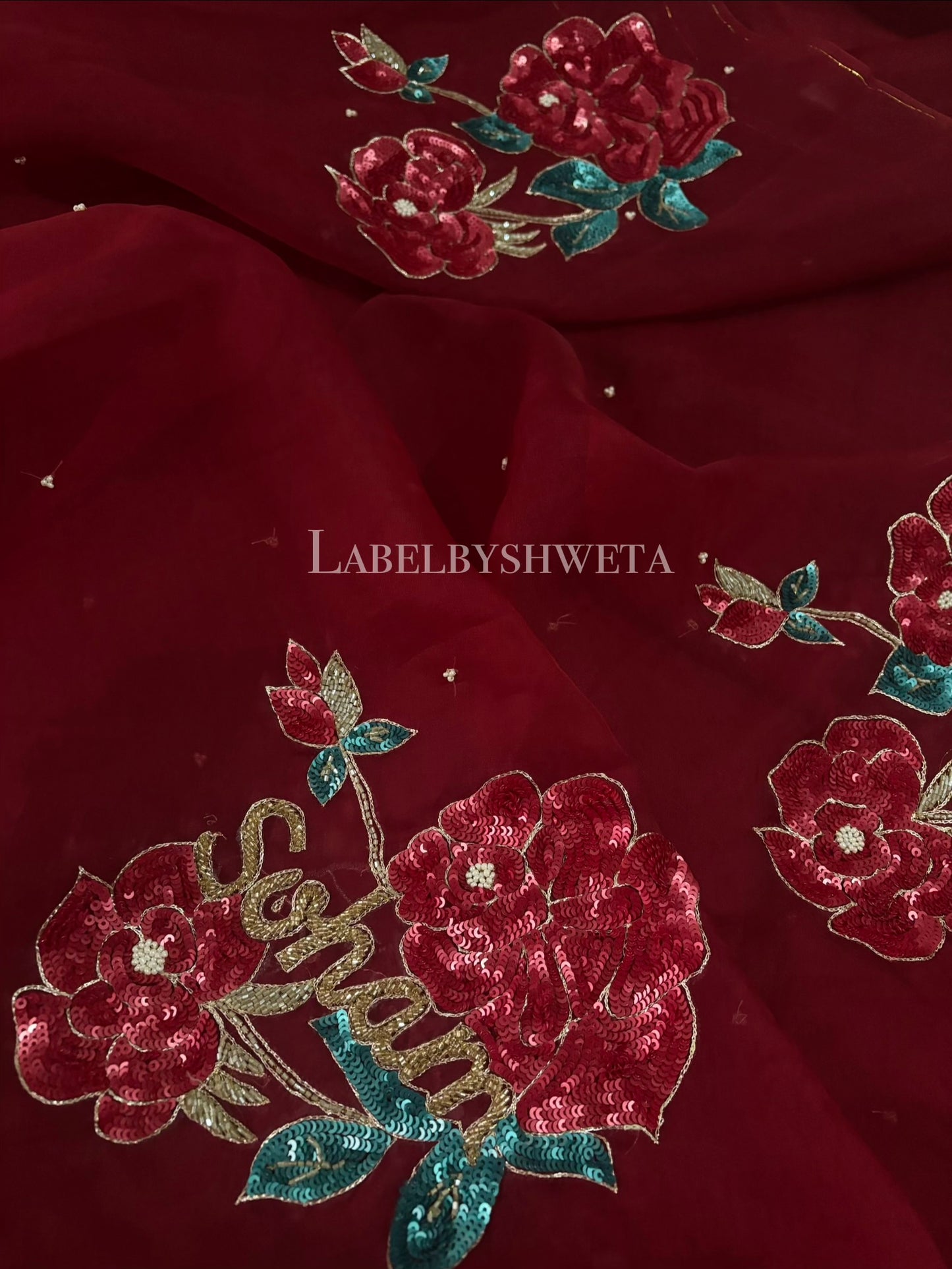 Maroon organza silk sequins and cutbeads embellished PERSONALISED name saree