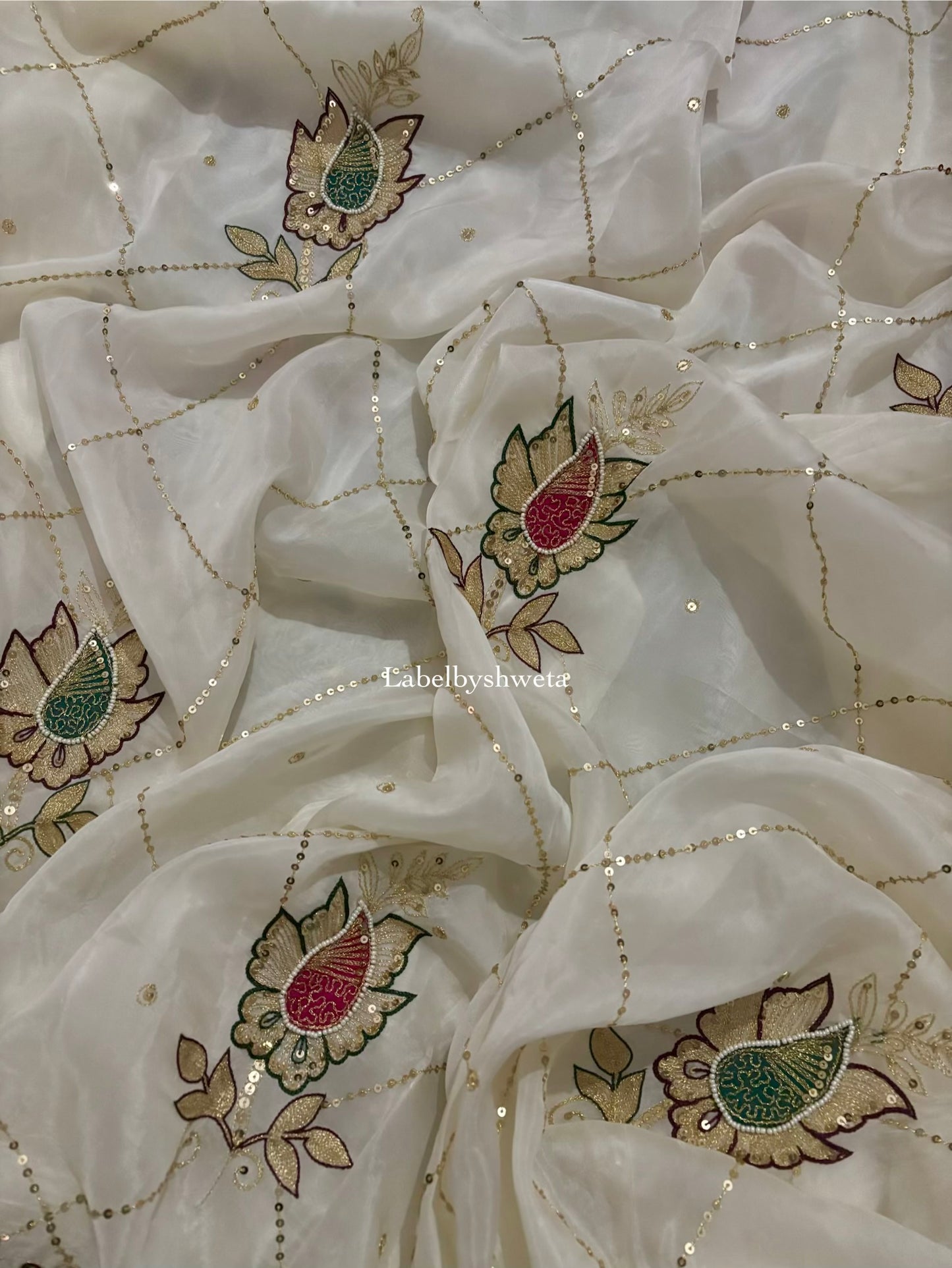 Off white Pure organza appliqué work saree