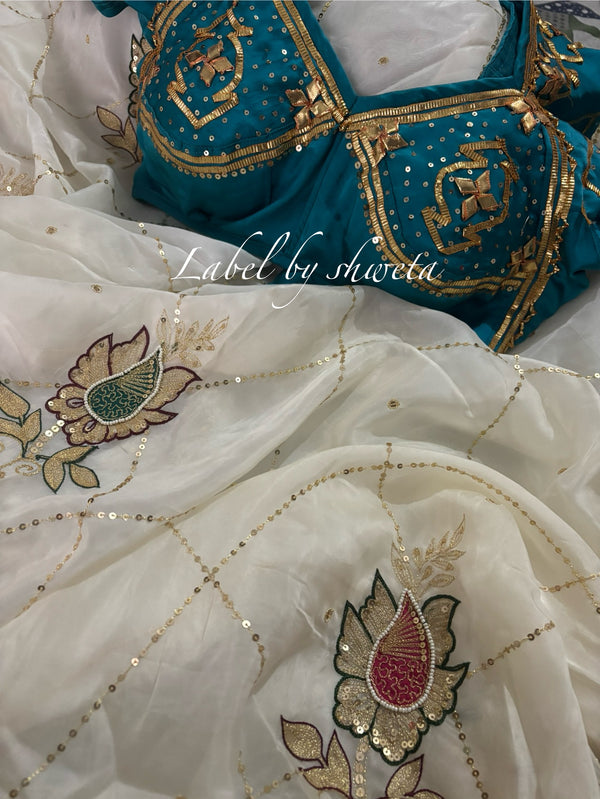 Off white Pure organza appliqué work saree